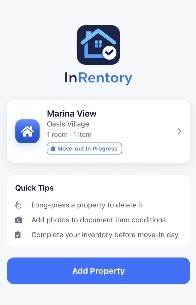 InRentory dashboard screen